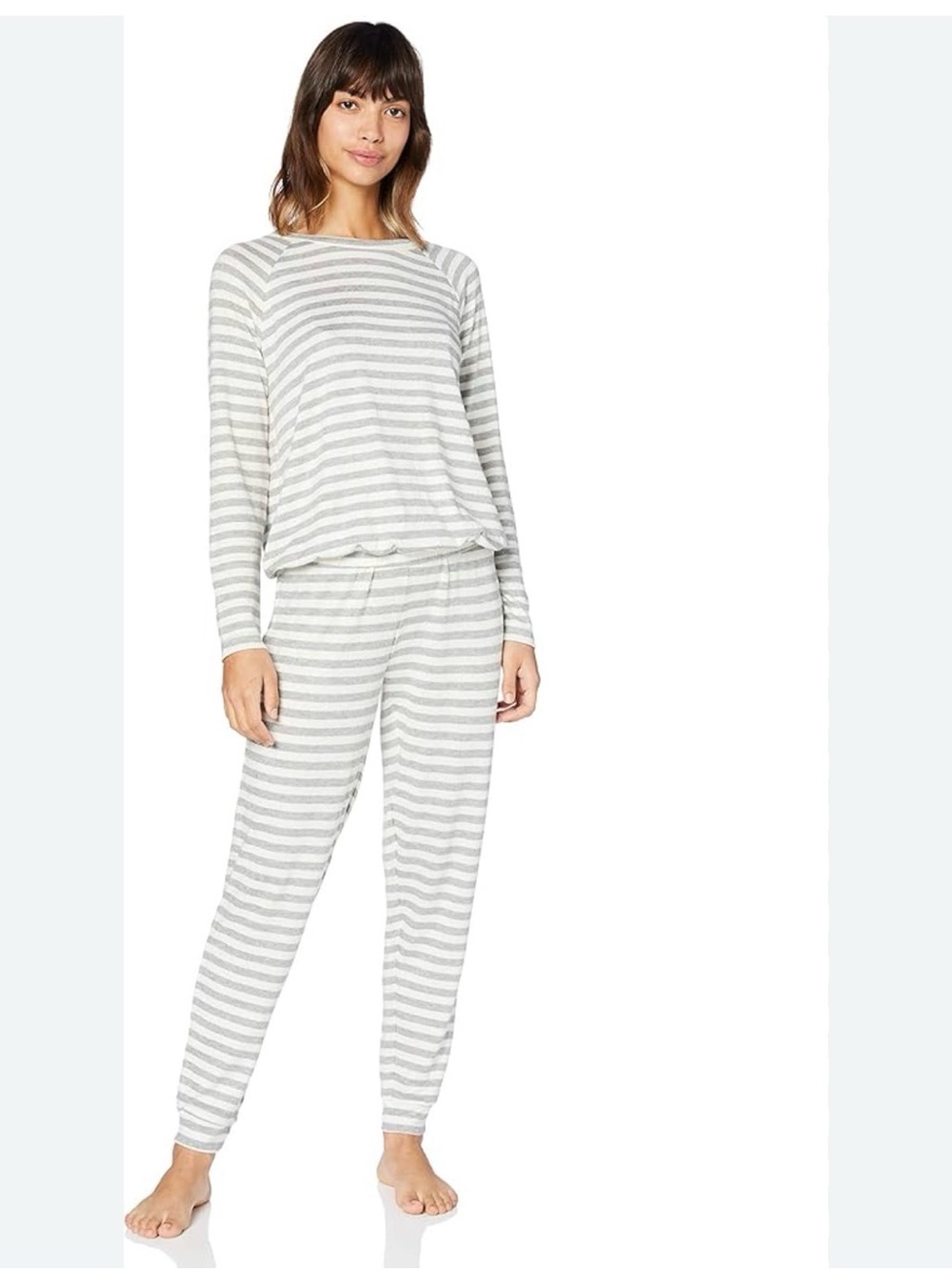 Iris & Lily Striped Long-Sleeve Women's Pajama Set - Light Gray/White, Size XL